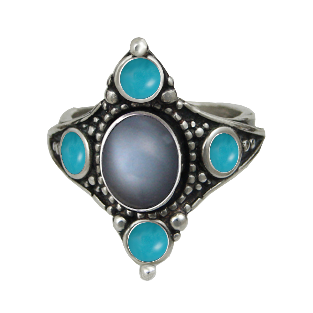 Sterling Silver Renaissance Queen's Ring With Grey Moonstone And Turquoise Size 9